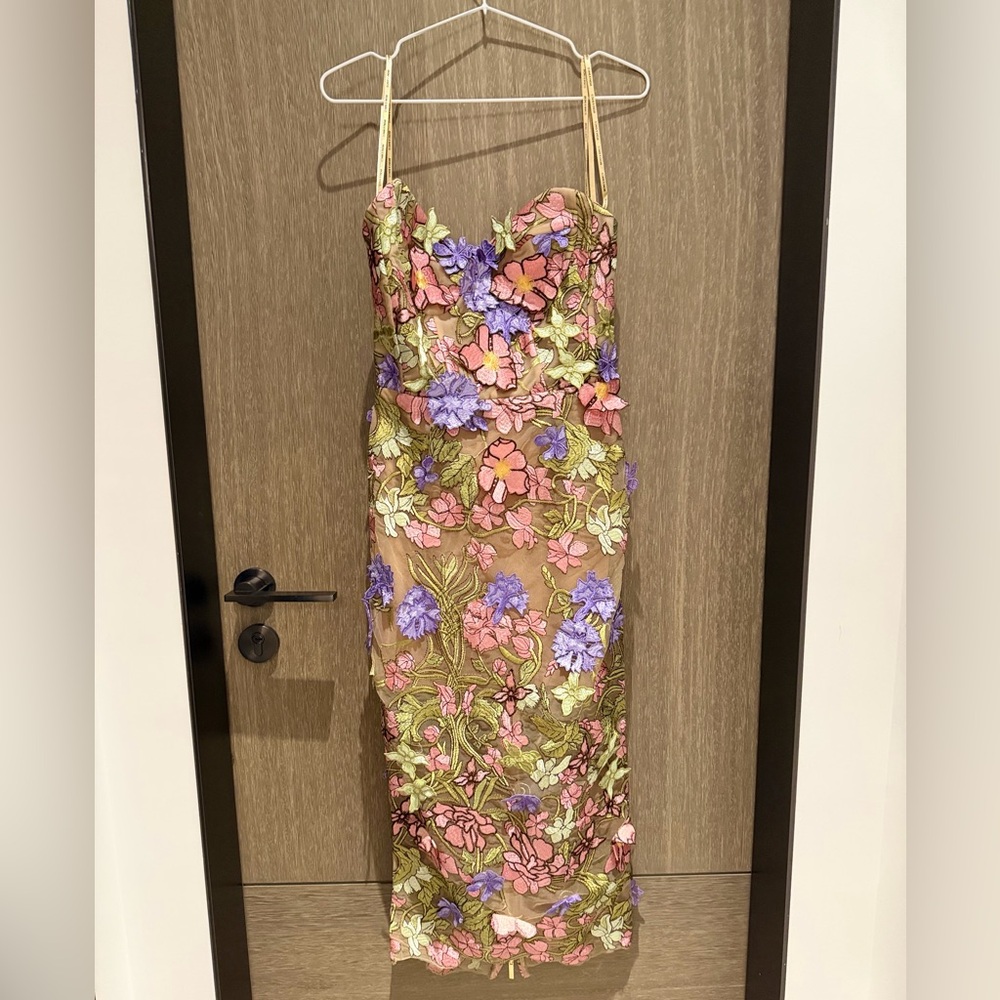 Bronx and Banco Strapless Floral Appliqué Midi Dress in Pink, Purple & Green - Picture 3 of 16